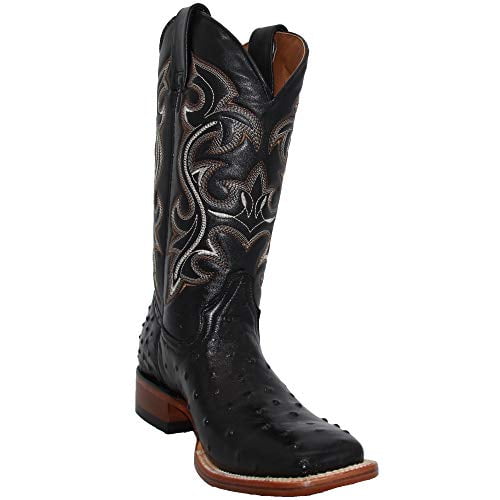 Men's New Leather Ostrich Quill Design Western Cowboy Rodeo Boots J Toe Black 